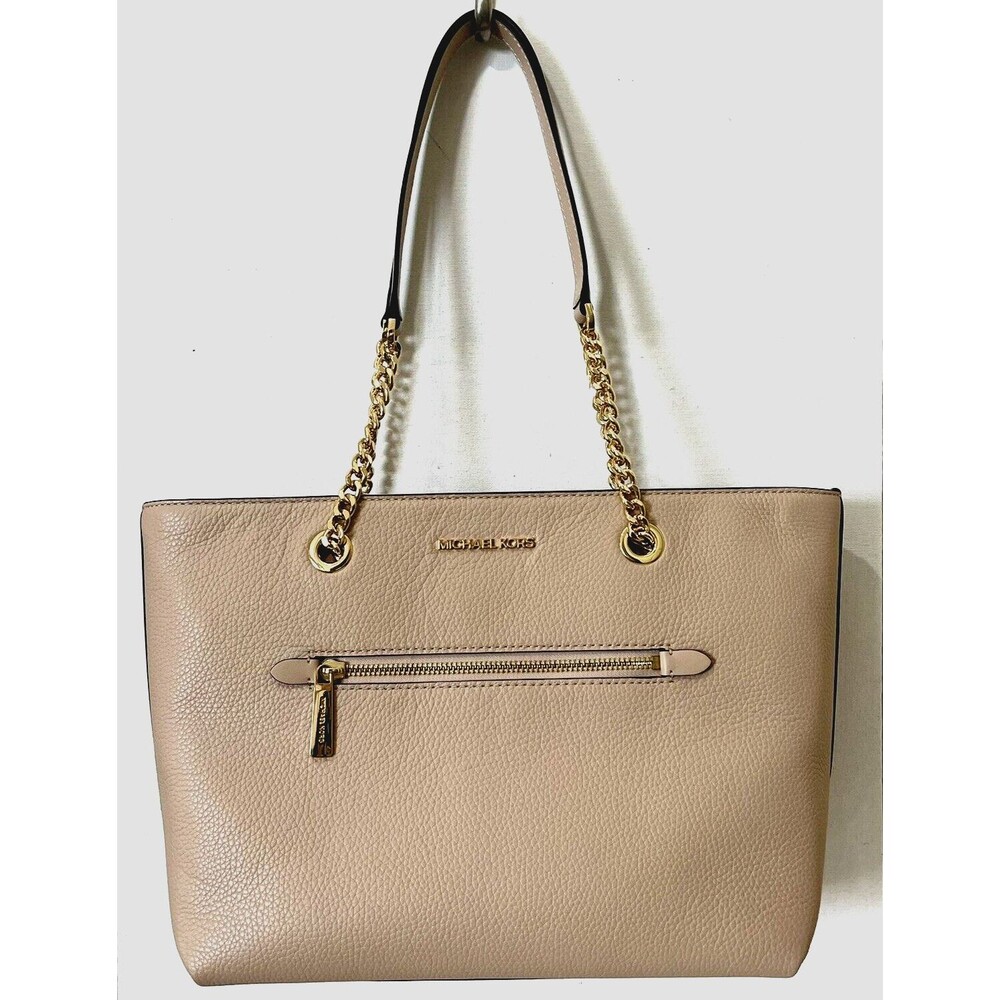 New Michael Kors Jet Set Medium Front Zip Chain Tote Leather Buff